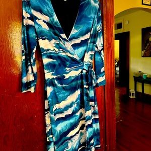 Anne Klein size M long sleeve faux wrap dress. Blue/teal swirl pattern